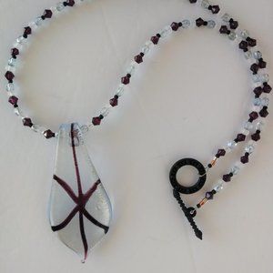 Clear Lampwork Glass Statement Necklace With Burgundy Seed Beads Handmade NWT